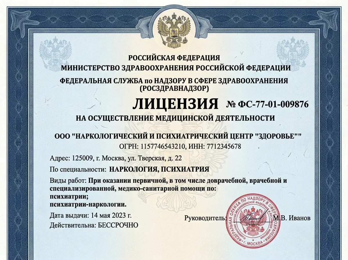 Лицензия на медицинскую деятельность по наркологии и психиатрии, выданная Росздравнадзором, официальный документ с гербовой печатью, синий фон