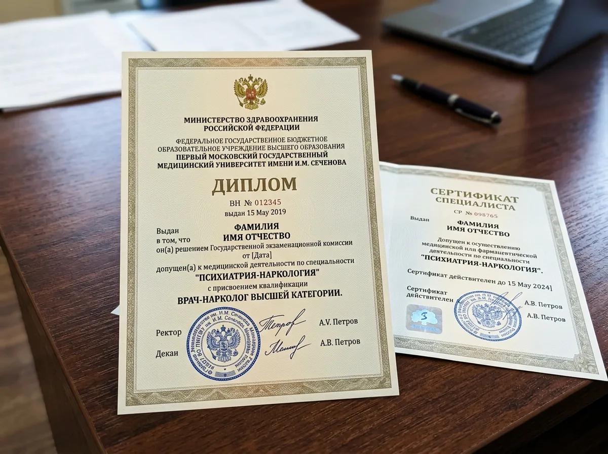 Диплом врача-нарколога высшей категории, сертификат специалиста по наркологии, официальный медицинский документ с печатью учебного учреждения
