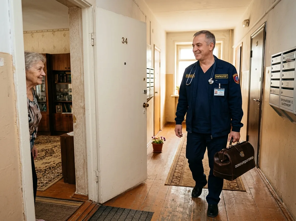Врач-нарколог в форме с медицинским саквояжем приходит на вызов в квартиру, профессиональный вид, дружелюбное выражение лица, Екатеринбург